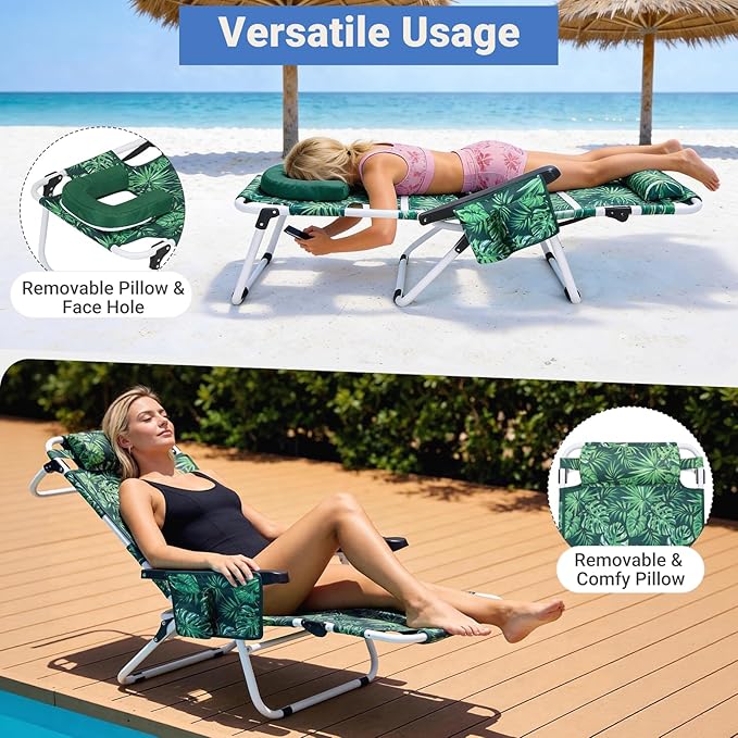 3 N 1 Beach Chair w/ Face Cushion &amp Arm Holes Lightweight Lawn Reclining Lounge Chair w/ Adjustable Backrest &amp Footrest5 Position Folding Chair for Outdoor Patio Backyard 440lb Weight Capa