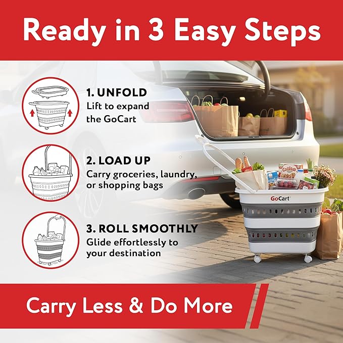 dbest Products Gocart Foldable Shopping Cart with Wheels - Collapsible Grocery Cart with Handles for Easy Storage - As Seen on Shark Tank - Portable Rolling Cart - 33 Height - Lightweight Design