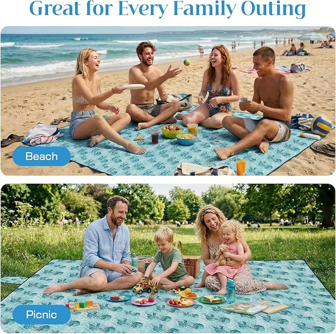 OIGAE 7x7ft Sandproof Beach Blanket - Large Waterproof Picnic Mat for 3-4 People Lightweight Sand Free Mat for Summer Vacation with 6 Stakes &amp 4 Corner Pockets for Beach Camping Festivals