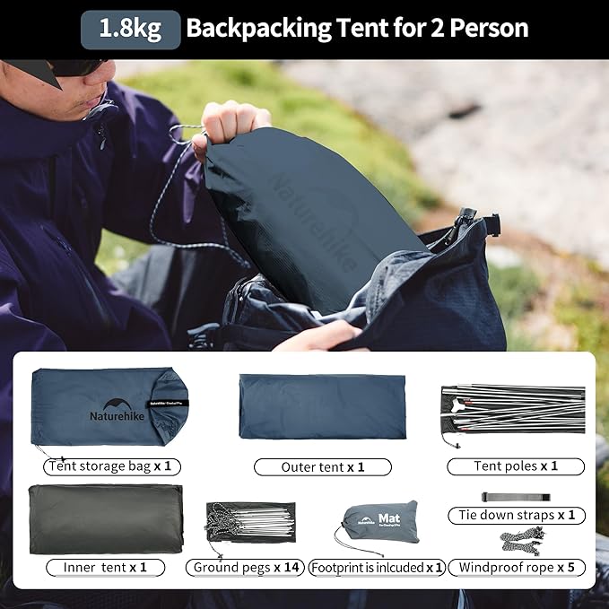 Naturehike Cloud-Up 2 Person Tent Lightweight Backpacking Tent with Footprint - Free Standing Ultralight Camping Hiking Backpack Tents Two Person Tent