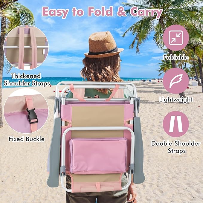 Giantex Folding Beach Chair Patio Sling Chairs with 5 Adjustable Position Head Pillow Storage Bag Towel Bar Cup Holders Backpack Chairs for Sunbathing Camping Chair