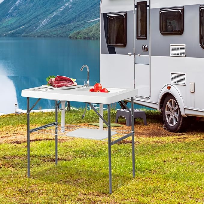 Outvita Folding Portable Camping Sink Table with Sink Faucet Drainage Hose &amp Grid Rack White