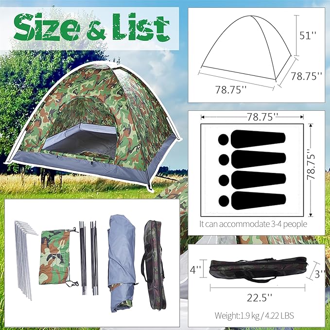 2-4 Person Camping Tent – 10 Minute Setup Lightweight Waterproof Outdoor Tent for Camping Portable Dome Tent with UV Protection (Camouflage)