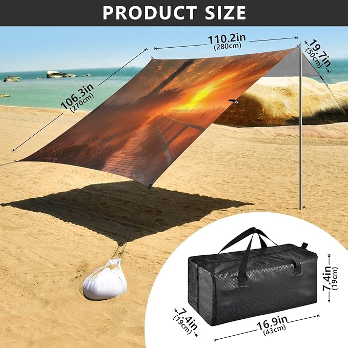 Beautiful Lighthouse Pattern Beach Tent Sun Shelter 9.2' x 10.5' Beach Canopy with 4 Sandbags 4 Stability Poles Sand Shovels - Tent Canopy for Beach Camping Fishing Picnics