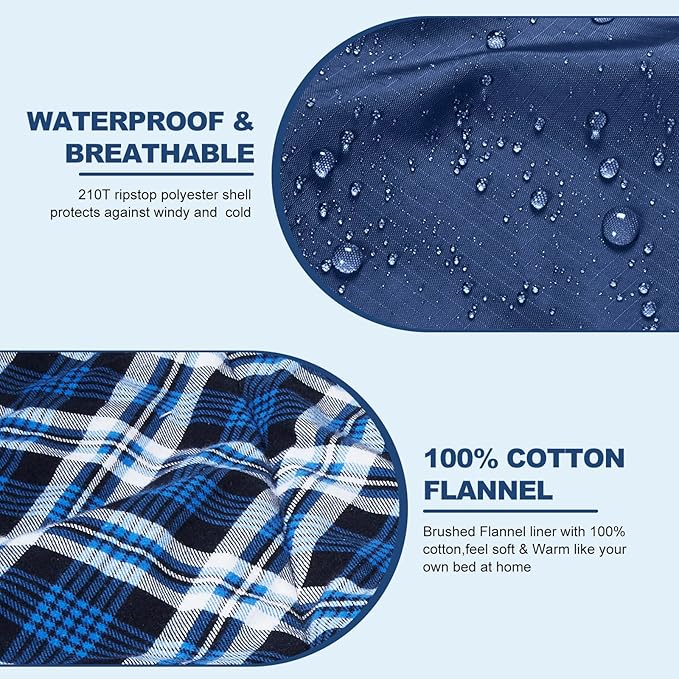 AGEMORE Cotton Flannel Double Sleeping Bag with Fleece Lined Hood Waterproof Queen Size 2 Person Sleeping Bag for Adults Cold Weather Camping Backpacking or Hiking 3-4season