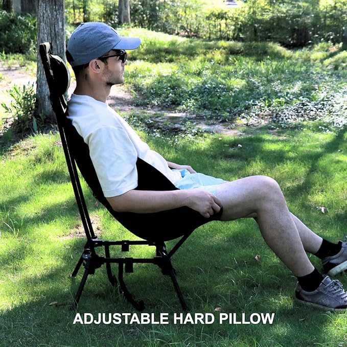 Wildhiker Compact High Back Camping Chair - Foldable with Dual Sitting Modes Pillow Arm Pads and Side Pockets - Lightweight Portable Chair for Motorcycle RV Festival Travel - Black