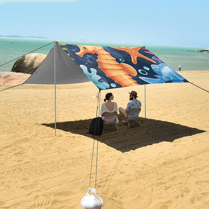 Seahorse Starfish Coral Cartoon Camping Sun Shelter Beach Tent Portable Beach Sun Shade Outdoor Canopy for Camping Trips Fishing Picnic
