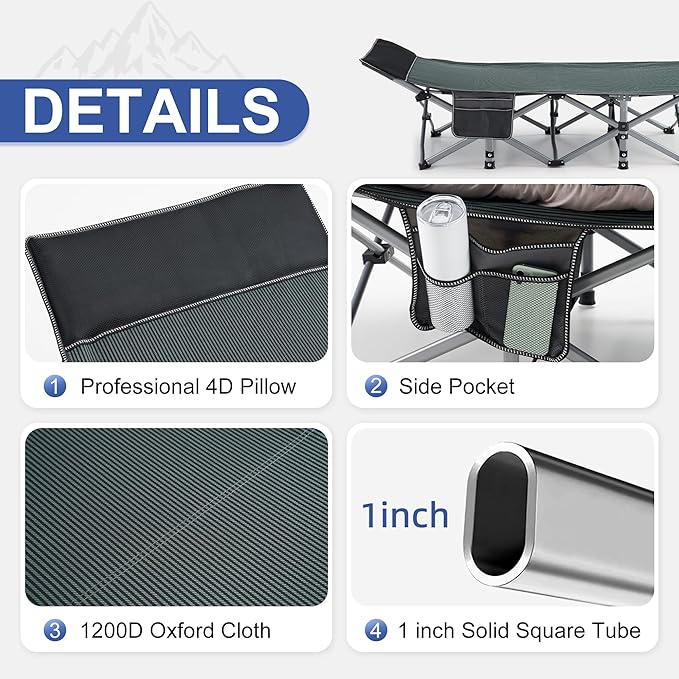 Camping Cot Sleeping Cots for Adults Portable Camping cots with Mattress Pillow and Carry Bag 1200D Double Layer Oxford 600 LBS Weight Capacity Cots for Sleeping(Grey+Black)