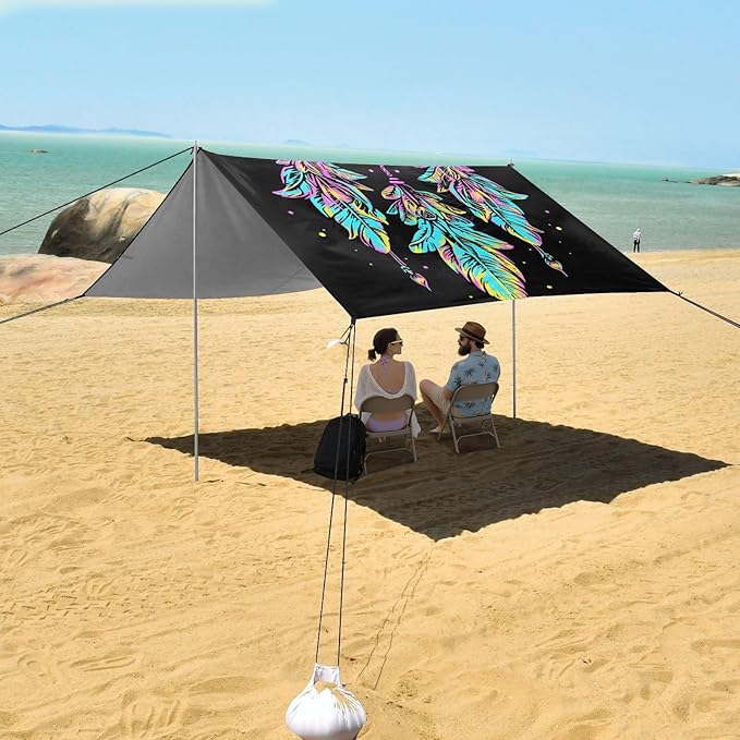 ALAZA Rainbow Dreamcatcher Boho Beach Tent Sun Shelter UPF50+ Protection Beach Shade Canopy w/ 4 Sandbags for Outdoor Camping Fishing Backyard Fun Picnic 10x9 ft