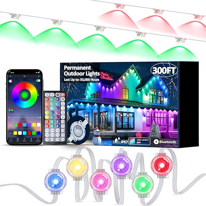 RGB Permanent Outdoor Lights 300FT Smart LED Eaves Lights with APP &amp Remote Control IP67 Waterproof Outdoor String Lights for Christmas HalloweenParty Garden Patio House Decor(2 Rolls of 15