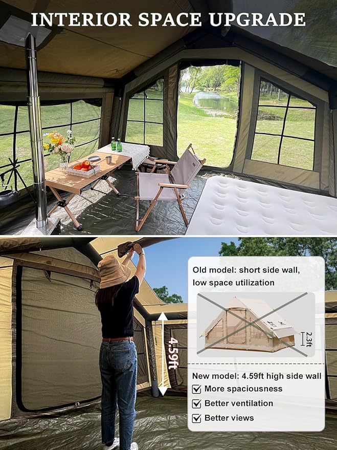 TOMOUNT Inflatable Tent for Camping 3-5 Person Large Inflatable Cabin Tent with Skylight Hand Pump Stove Jack Air Tent Blow Up House for Luxury Family Camping