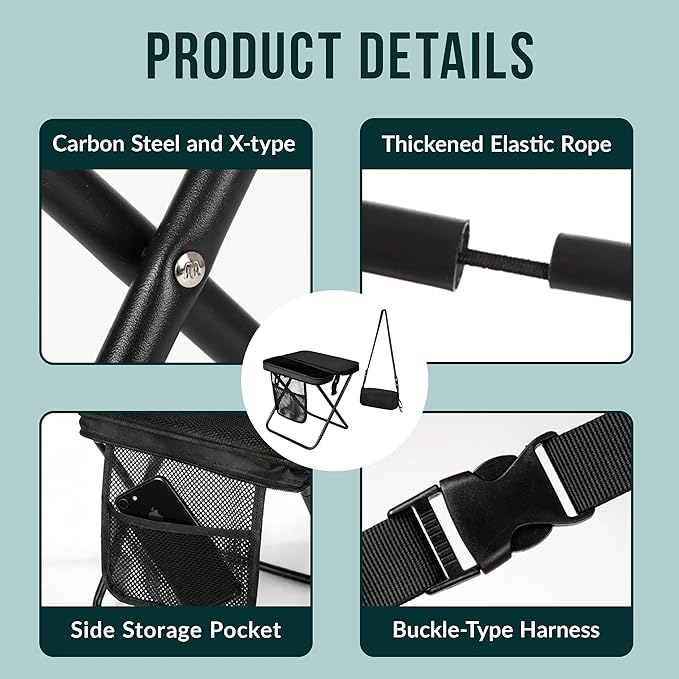Portable Collapsible Stool - Folding Chair with Storage Pouch Convertible Satchel for Hands-Free Carry &amp Supports 265Lbs Ultralight for Hiking Fishing Camping Festivals (Black)
