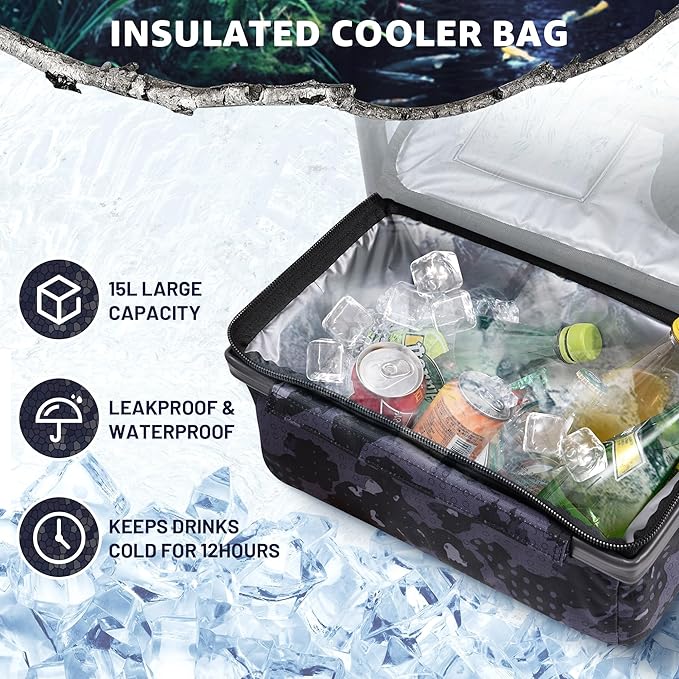 X Strike Heated Fishing Chair with Rod Holder Cooler Bag Storage Bag Shoulder Strap and Adjustable Feet 350LBS Heavy Duty Folding Ice Fishing Chair for Adults Outdoor Camping (Battery Not Included)
