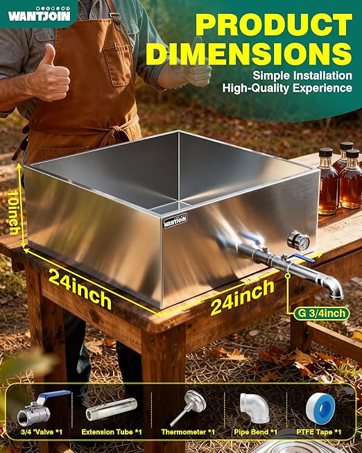 WantJoin Maple Syrup Evaporator Pan 24 Gallon - Syrup Evaporator Pan Stainless Steel w/Thermometer 24 * 24 * 10 Inch Upgraded Leak-Proof TIG Welded Seams Make 360 Bottles of 50oz
