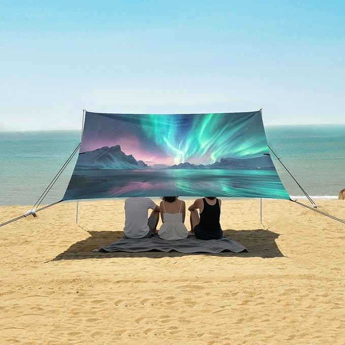 Aurora Borealis Pattern Beach Tent Sun Shelter 9.2' x 10.5' Beach Canopy with 4 Sandbags 4 Stability Poles Sand Shovels - Tent Canopy for Beach Camping Fishing Picnics