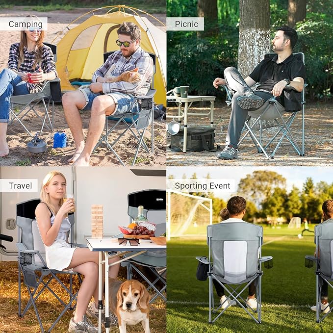 Camping Chairs Lawn Portable Foldable Camp Folding Lightweight Chair for Adults with Drink Holder and Cooler Pouch Outdoor for Camping Lawn Sports Picnic Music Festival Gray Black