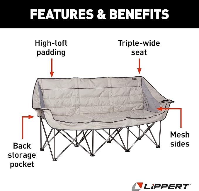 Lippert Campfire Folding Couch - Sand High-Loft Foldable Sofa Dual Cup Holders Power Coated Steel Frame Durable 600D Polyester Fabric for Outdoor Use 500 lb. Capacity 2022114795