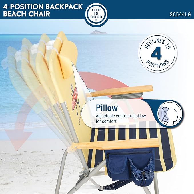 Life is Good 2-Pack 4-Position Aluminum Backpack Beach Chairs Portable Folding Camp Chairs with Carrying Straps for Camping Beach Tailgating Multi Color