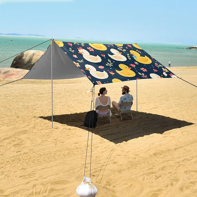 ALAZA Duck Flower Beach Tent Sun Shelter UPF50+ Protection Beach Shade Canopy w/ 4 Sandbags for Outdoor Camping Fishing Backyard Fun Picnic 10x9 ft