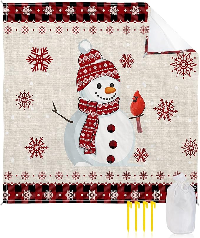 Beach Blanket Waterproof Sandproof Christmas Snowman Winter Snowflake Cardinal Quick Drying Beach Mat with 4 Stakes Red Black Checker Vintage Linen Lightweight Picnic Blanket for Travel 108x84