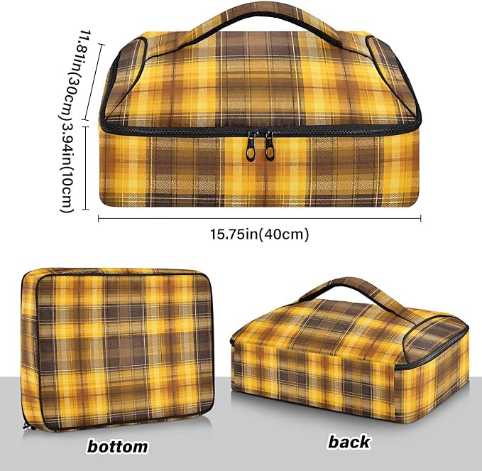Casserole Carrier Yellow and Brown Tartan Insulated Casserole Carrier for Hot or Cold Food Thermal Lunch Tote for Parties Picnic Travel Carry Bag