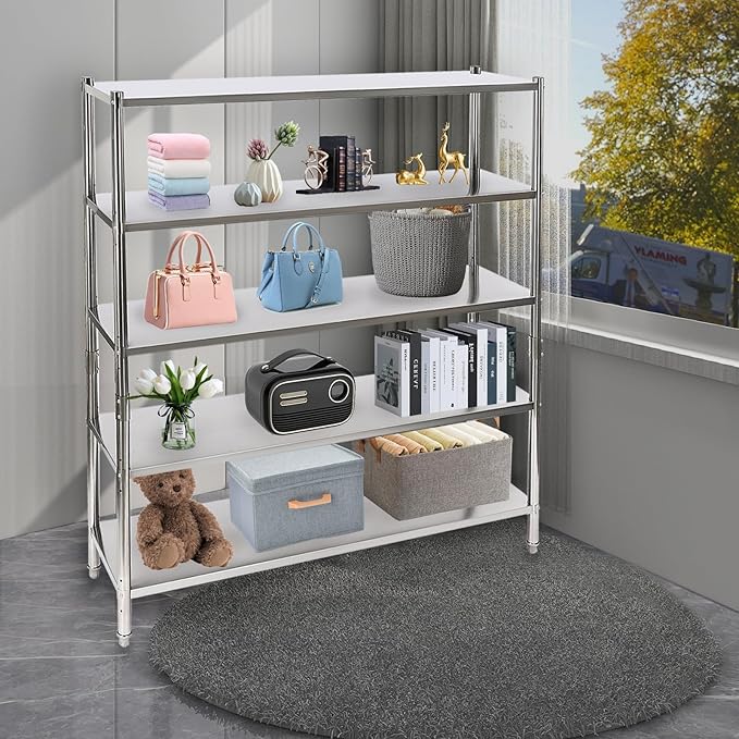 Stainless Steel Shelving 5 Tier Utility Bakers Racks Adjustable Shelf Storage Heavy Duty Shelving for Kitchen Commercial Office Garage Storage Laundry Room Organization (5-Tier 60*18*71in)