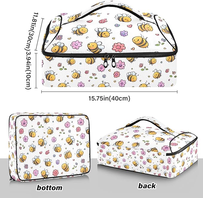 Casserole Carrier Cute Cartoon Pattern Bees FlowersInsulated Casserole Carrier for Hot or Cold Food Thermal Lunch Tote for Potluck Parties Picnic Beach Fits 9 x 13 Inches Baking Dish