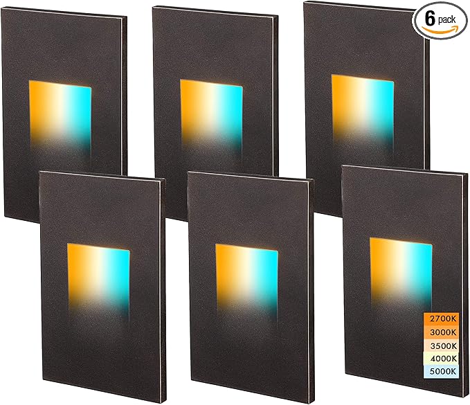 CLOUDY BAY 120V Dimmbale 5 Color LED Indoor Outdoor Step Light2700K/3000K/3500K/4000K/5000K 3W 35lmStair LightOil Rubbed Bronze6 Pack