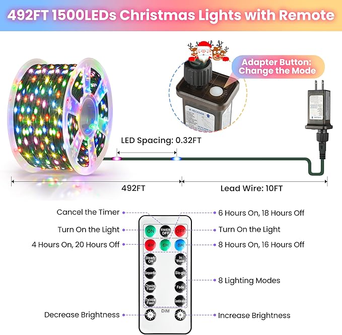 492FT 1500 LEDs String Lights with Remote Dimmable 8 Modes Timer &amp Memory Function Fairy Rope Lights for Christmas Holiday Party-Multicolor