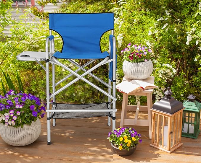 ABCCANOPY Folding Tall Directors Chair Outdoor Camping Chair Makeup Artist Chair with Side Table &amp Pockets Royal Blue
