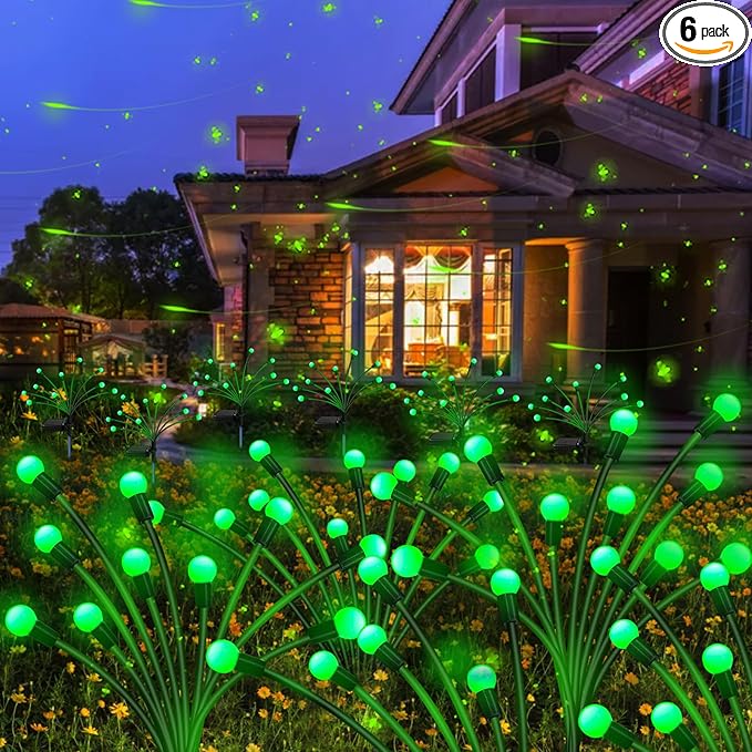 Solar St Patricks Day Lights Outdoor 6 Pack 60 LED Solar Green Firefly Lights Waterproof Sway by Wind Swaying Light for Yard Patio Backyard Garden Planter Flower Bed Pathway Outdoor Decoration
