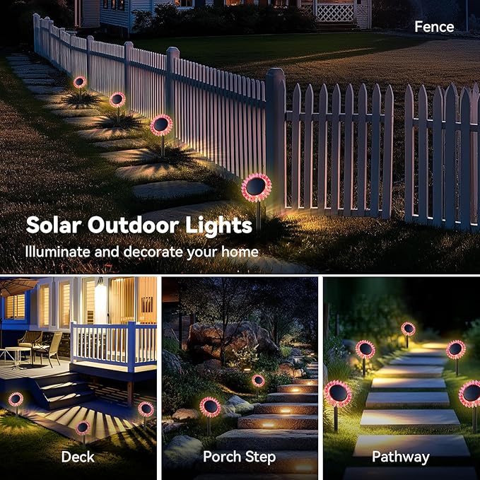 Outdoor Solar Lights 6 Pack Led Solar Sunflower Lights Stake/Wall 2-in-1 Waterproof Solar Garden Lights for Yard Landscape Fence Patio Driveway Pathway Backyard Decoration (Warm White)