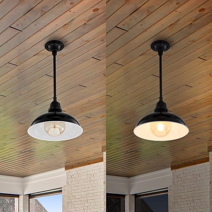 JONATHAN Y 12.25 Black 1-Light Farmhouse Indoor/Outdoor LED Pendant Iron Hanging Light and Black Metal Shade Rustic Ceiling Lamp for Kitchen Island LED Bulb Included (JYL7611B)