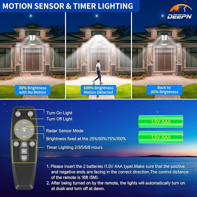 Solar Lights Outdoor IP66 Waterproof Street Lights Outdoor 6500K Dusk to Dawn Solar Security Flood Lights Motion Sensor with Remote Control for Yard Entryway Garage Porch 4 Pack