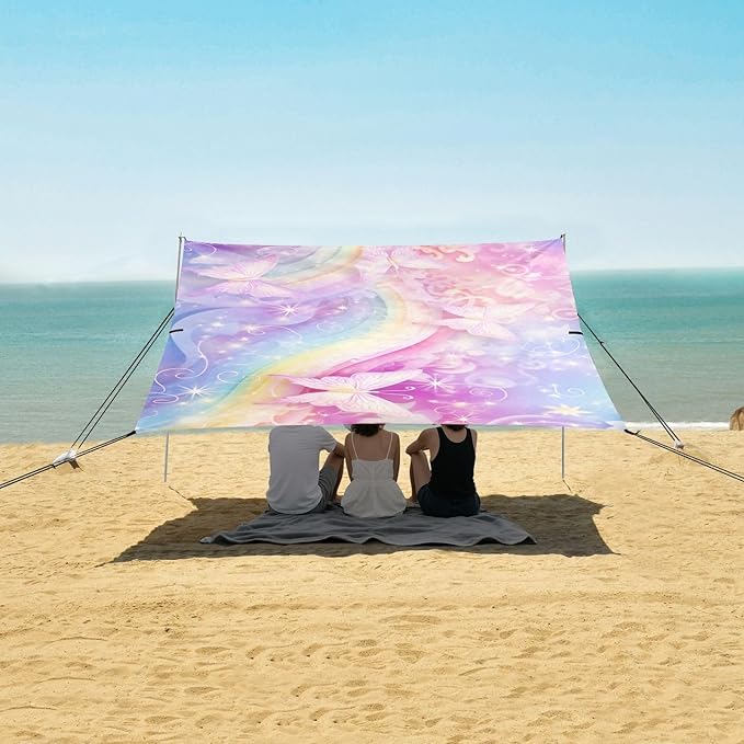 ALAZA Butterfly Unicorn Rainbow Beach Tent Sun Shelter UPF50+ Protection Beach Shade Canopy w/ 4 Sandbags for Outdoor Camping Fishing Backyard Fun Picnic 10x9 ft