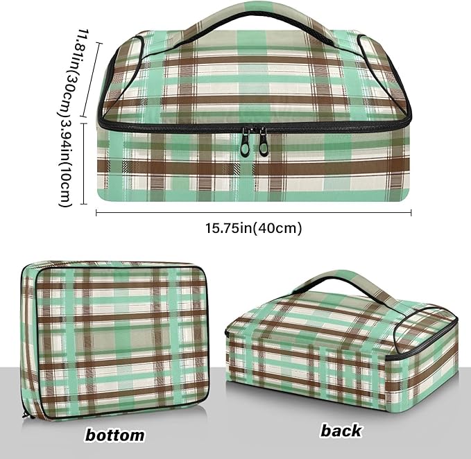 Casserole Carrier Green and Brown Tartan Pattern Insulated Casserole Carrier for Hot or Cold Food Thermal Lunch Tote for Parties Picnic Travel Carry Bag