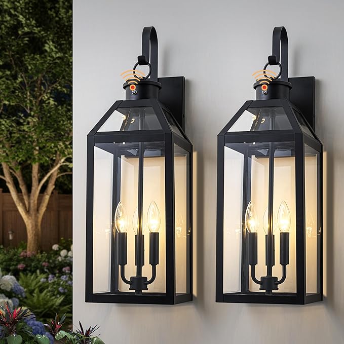 26 Dusk to Dawn Outdoor Wall Light with Sensor - Waterproof Exterior Wall Sconce for Porch Patio Garage Front Door Balcony Entry Modern Hardwired Lantern in Black Metal &amp Glass 3 Light - 2 P