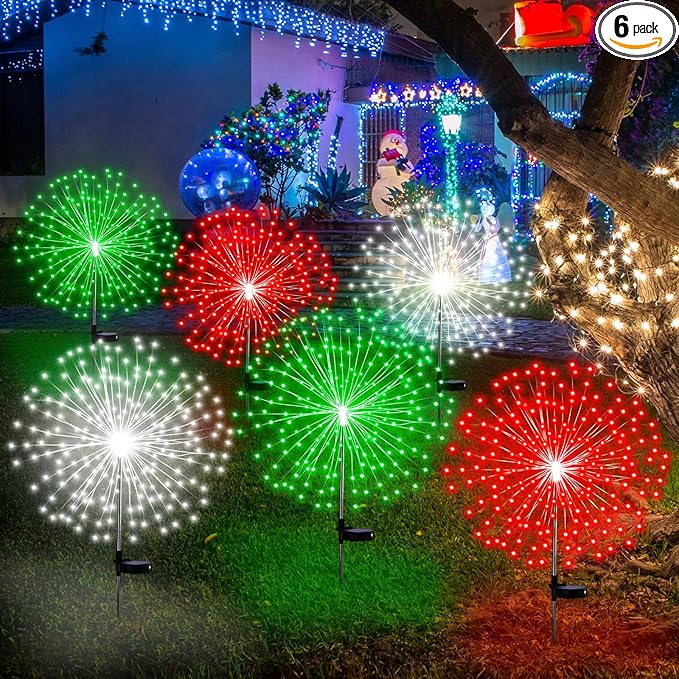 6 Pcs Christmas in July Solar Firework Stake Lights 180 LED 8 Modes Solar Waterproof LED Sparkler Lights Outdoor Decoration for Garden Patio Yard Pathway Walkway Lawn Xmas (Red Green White)