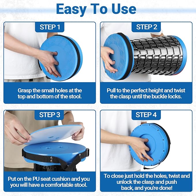 2025 Upgraded Collapsible Stool with PU Cushion Folding Camping Stool with Carry Bag Waterproof &amp Durable Cushion Lightweight Sturdy Retractable Suitable for Camping Fishing Hiking (Blue)