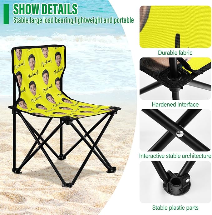 Sinestour Yellow Custom Photo Folding Camping Chair for Teen Child Personalized Name 14.6×14.6in Portable Outdoor Chair with Carry Bag for Beach Picnic Travel