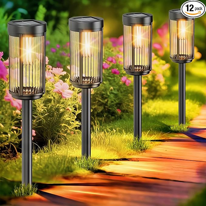 EXCMARK 12 Pack Outdoor Solar Lights Waterproof for Yard Garden Walkway Pathway Lawn Decorative Contemporary Landscape Lighting. (Warm White Light 12)