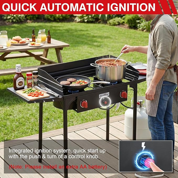Bestfire 2 Burner Camping Stove with Windscreen&amp Side Shelves Bag Auto Ignition ButtonRegulator150000 BTU High Pressure Camping Stove Propane Burner With Removable Legs for Outdoor BBQ&ampBa