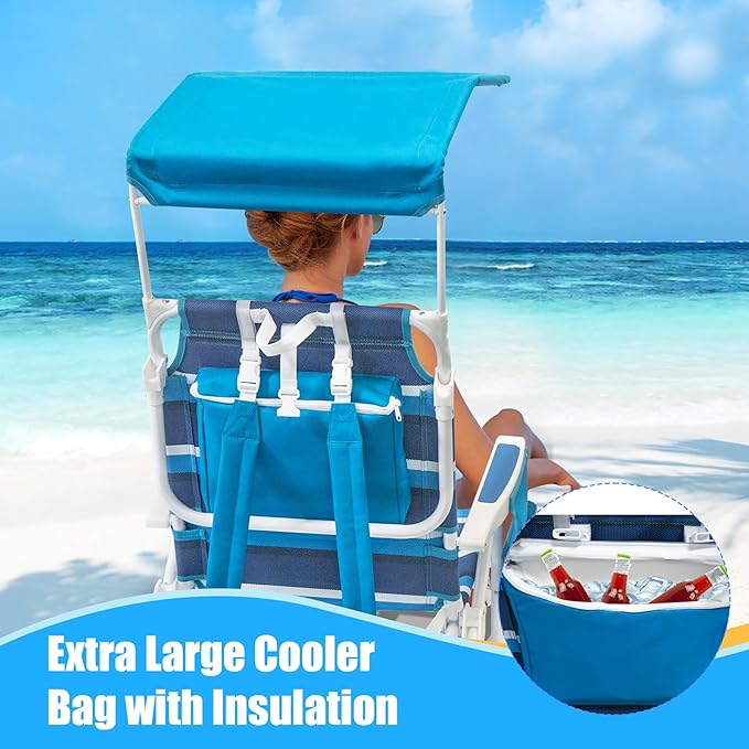 2 Pack Beach Chair with Canopy Shade 5 Positions Textilene Folding Reclining Beach Chair with Backpack Straps Cooler Bag &amp Cup Holder for Outdoor Lawn Camping
