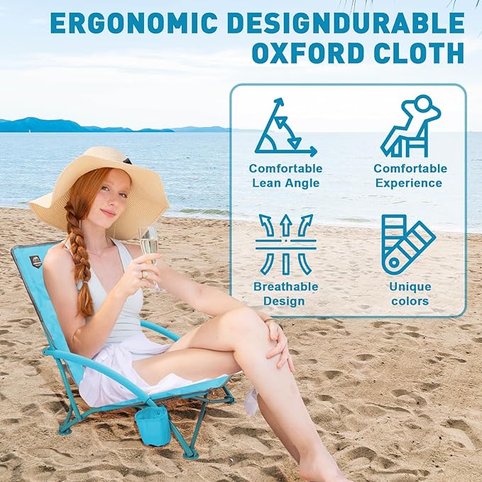 2 Pack Low Beach ChairFolding Recliner Camping Chair for AdultsLightweight Backpacking Low Seat Camping Chairs with Cup HolderCarry Bag for Outdoor Camp Lawn Picnic FestivalBlue