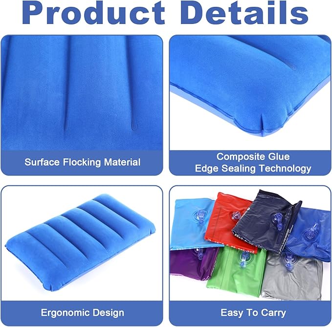 Geelin 14 Pieces Inflatable Camping Pillow 18.5 x 11.8 Inches Portable Compact Flocked Fabric Air Pillow for Travel Hiking Home Office Sleeping Neck Head Lumbar Support Multicolor