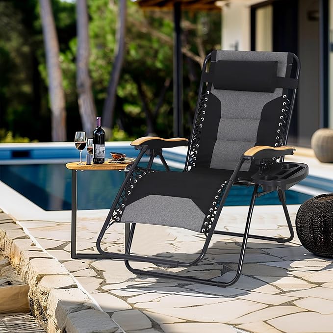 MFSTUDIO Zero Gravity Chairs Set of 2 XL Oversized Outdoor Anti Gravity Chair Patio Lounge Folding Adjustable Chair with Cup Holder &amp Padded Headrest Support 400lbsBlack
