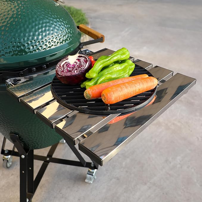 Stainless Steel Folding Side Shelves Pair of 2 Fit for Large Big Green Egg Grill 50% More Cooking Area Foldable Grill Table Accessories with Hardware