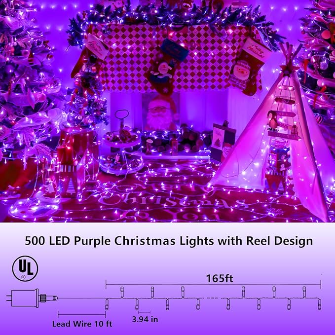 YEGUO 165ft 500 LED Christmas Lights Outdoor Waterproof Purple String Lights Indoor Plug in 8 Modes Clear Wire Purple Lights for Halloween Holiday Home Tree Garden Patio Decor