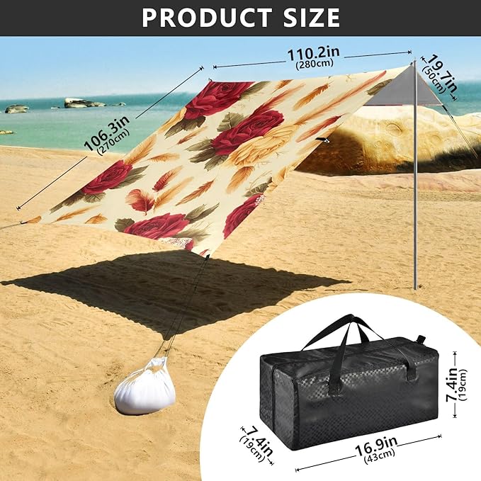 Beach Tent Sun Shelter Rose Feather Lightweight &amp Easy Setup Beach Shade Canopy for Camping Fishing