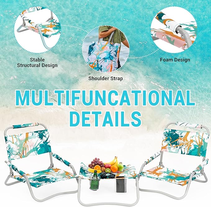 #WEJOY 2 Beach Chairs and Table Set Lightweight &amp Folding Backpack Beach Chair for Outdoor Beach Lawn Camping Picnic Cyan/Orange Beach Chairs Set